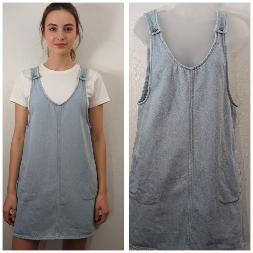 Ladies Blue Denim Small Jumper Dress Button Detail Front Pockets Teacher Inspire